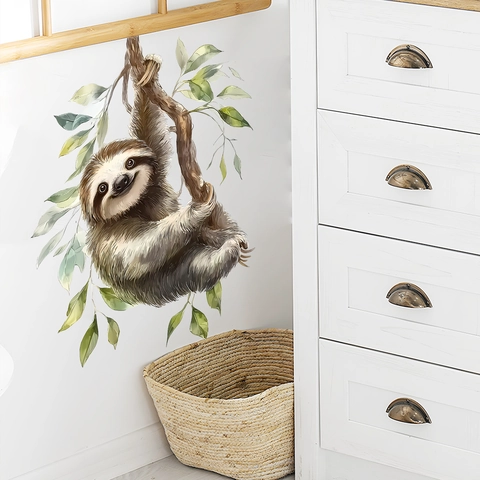 Watercolor Sloth Climbing Tree Branch Wall Sticker PVC Self Adhesive Removable Decal For Kids Room Nursery Wall Decor