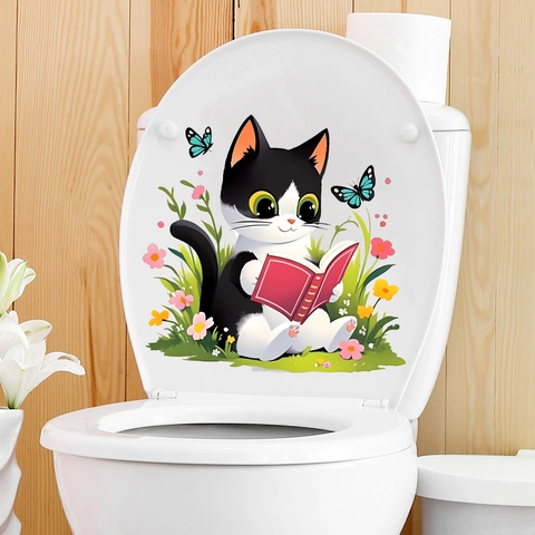 Linda Gato Dibujos Animados Leyendo Libro Pegatina De Inodoro Impermeable PVC Calcomanía De Pared Para Baño Decoración Hogar
