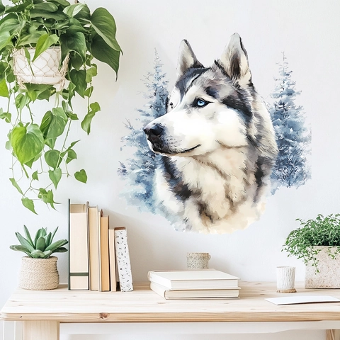 Vinilo de Pared Perro Husky Acuarela Artística Patrón Bosque Pino PVC Impermeable Calcomanía Decorativa para Sala de Estar