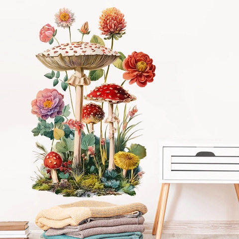 Vintage Waldpilz Blumen Wandtattoo Wasserdicht PVC Selbstklebend Aufkleber Für Wohnzimmer Schlafzimmer Home Decor