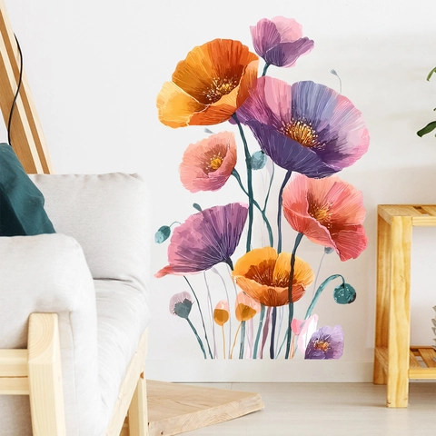 Adesivi da Parete Fiori di Papavero ad Acquerello Rimovibili in PVC Murale Floreale per Soggiorno Camera da Letto Decorazione