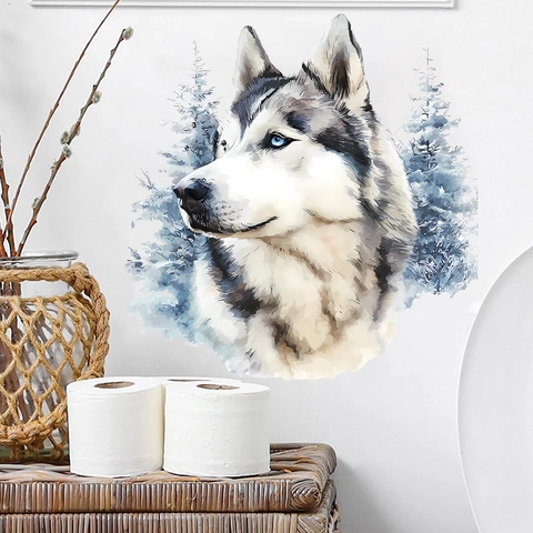 Vinilo de Pared Perro Husky Acuarela Artística Patrón Bosque Pino PVC Impermeable Calcomanía Decorativa para Sala de Estar