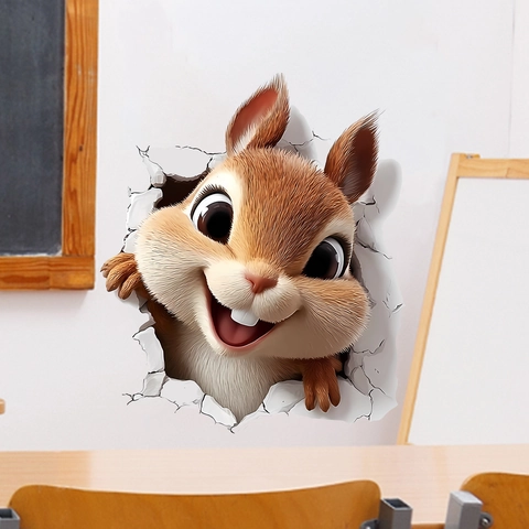 3D Creativo Adesivo da Parete Scoiattolo Muro Rotto per Camera Bambini Soggiorno Decorazione Impermeabile PVC Animale Cartone Animato