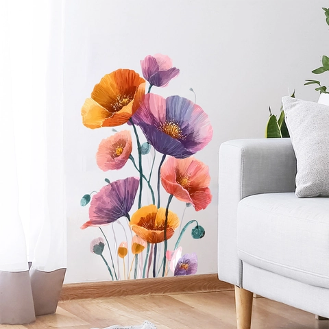 Adesivi da Parete Fiori di Papavero ad Acquerello Rimovibili in PVC Murale Floreale per Soggiorno Camera da Letto Decorazione