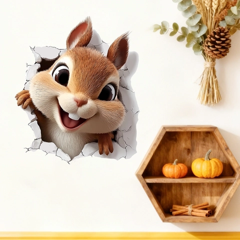 3D Creativo Adesivo da Parete Scoiattolo Muro Rotto per Camera Bambini Soggiorno Decorazione Impermeabile PVC Animale Cartone Animato