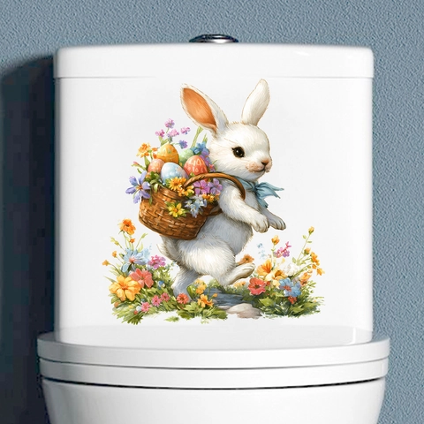Sticker de Siège de Toilette Lapin de Pâques et Oeuf Coloré PVC Imperméable Décoration de Salle de Bain pour Fête de Printemps
