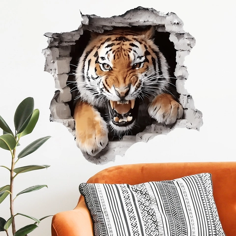 3D Réaliste Tigre Mur Brisé Sticker Mural Amovible PVC Auto-Adhésif Stéréoscopique Animal Peinture Murale pour Salon Chambre Enfants Décoration