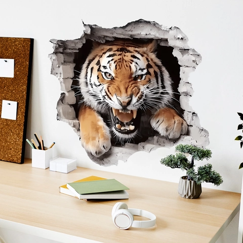 3D Réaliste Tigre Mur Brisé Sticker Mural Amovible PVC Auto-Adhésif Stéréoscopique Animal Peinture Murale pour Salon Chambre Enfants Décoration