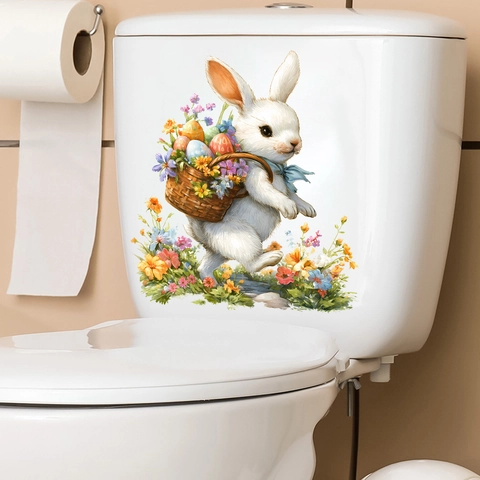 Sticker de Siège de Toilette Lapin de Pâques et Oeuf Coloré PVC Imperméable Décoration de Salle de Bain pour Fête de Printemps