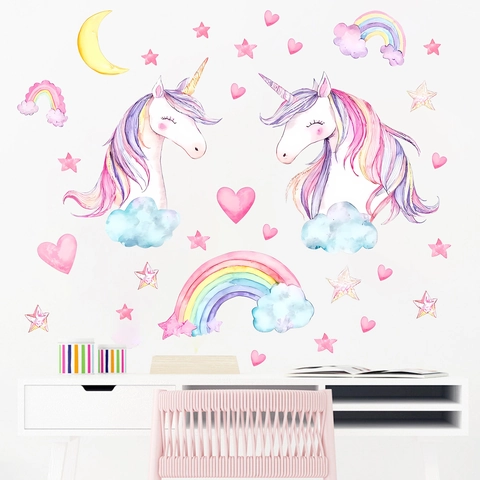 Stickers Muraux Licorne Aquarelle Arc-en-Ciel pour Chambre de Fille PVC Amovible Décoration de Garderie Cœur Étoile