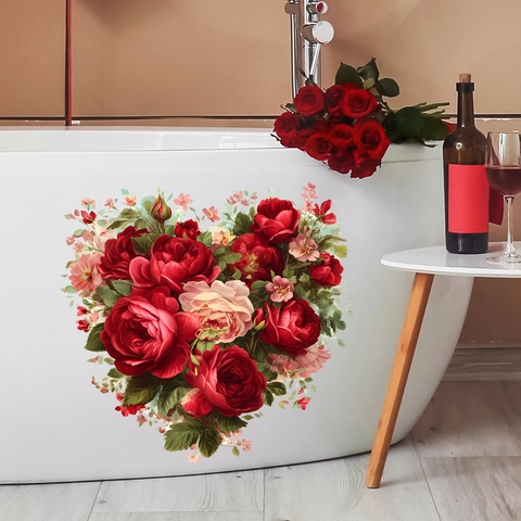 San Valentino Adesivo Murale Cuore di Rose PVC Autoadesivo Decalcomania Floreale per Camera da Letto Bagno Vasca Soggiorno