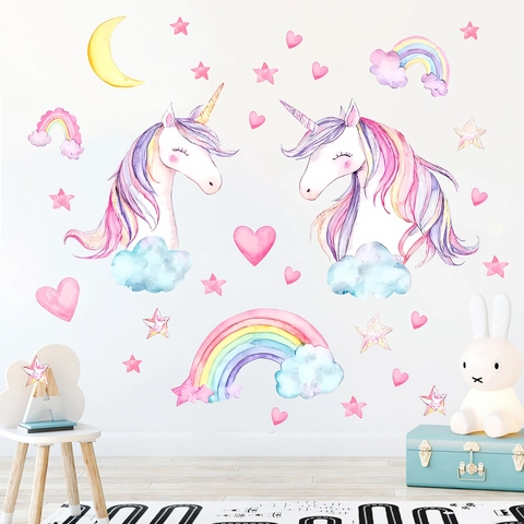 Stickers Muraux Licorne Aquarelle Arc-en-Ciel pour Chambre de Fille PVC Amovible Décoration de Garderie Cœur Étoile