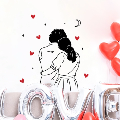 Minimalist PVC Couple Hugging Line Art Wall Sticker Romantic Red Heart Moon DIY Self Adhesive Decal For Bedroom Home Decor