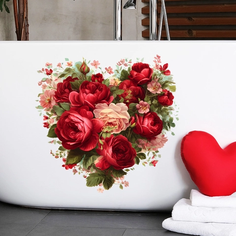 San Valentino Adesivo Murale Cuore di Rose PVC Autoadesivo Decalcomania Floreale per Camera da Letto Bagno Vasca Soggiorno