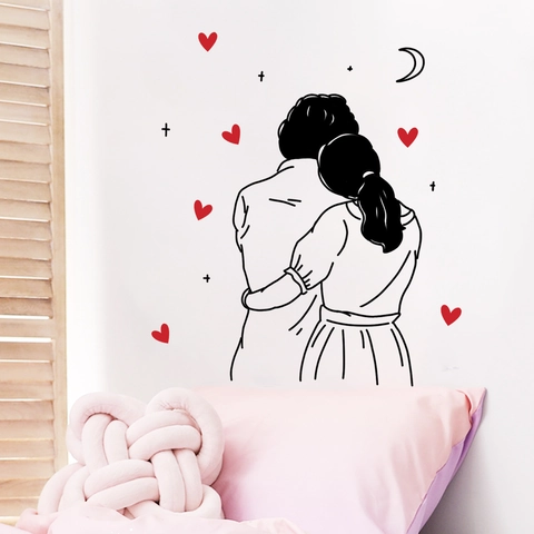 Minimalist PVC Couple Hugging Line Art Wall Sticker Romantic Red Heart Moon DIY Self Adhesive Decal For Bedroom Home Decor