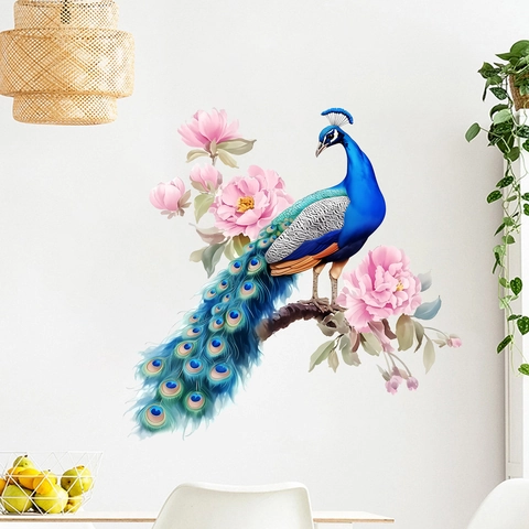 Stickers Muraux Imperméables Auto-Adhésifs En PVC Motif Paon Et Branche De Pivoine Murale Decorative Pour Salon Chambre Decoration Maison