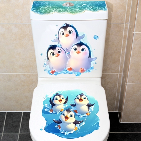 3D Cartoon Pinguin Ozean Toilettenaufkleber Set Wasserdicht Abnehmbar PVC Badezimmer Aufkleber Für Toilettendeckel Home Dekor
