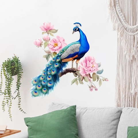 Stickers Muraux Imperméables Auto-Adhésifs En PVC Motif Paon Et Branche De Pivoine Murale Decorative Pour Salon Chambre Decoration Maison