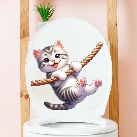 Adhesivo 3D Gatito de Dibujos Animados con Cuerda de Cáñamo para Tapa de Inodoro Impermeable Removible PVC Animal Decoración