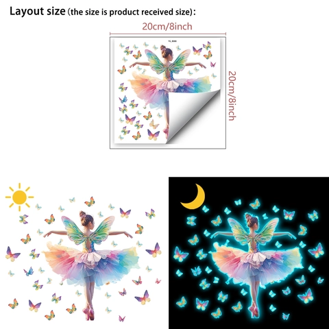 Adesivo da Parete Luminoso Ragazza Ballerina Farfalla Brilla al Buio Rimovibile PVC DIY Fata Arcobaleno Decalcomania Camera Bambini