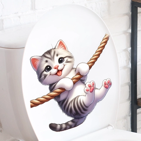 Adhesivo 3D Gatito de Dibujos Animados con Cuerda de Cáñamo para Tapa de Inodoro Impermeable Removible PVC Animal Decoración