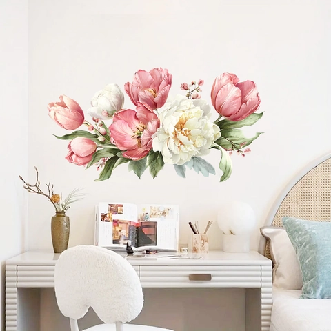 Aquarell Pfingstrose Tulpe Blumen Wandaufkleber PVC Wasserdicht Selbstklebend Dekorative Aufkleber Für Wohnzimmer Schlafzimmer