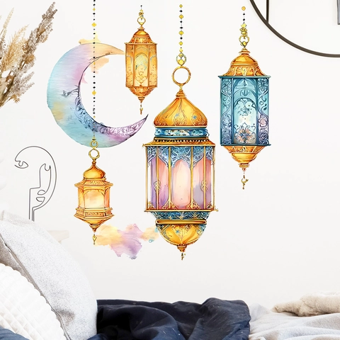 Pegatinas de Pared de Acuarela Ramadan Eid Mubarak PVC Extraíble Autoadhesivo Linterna Colorida Luna Creciente Decoración