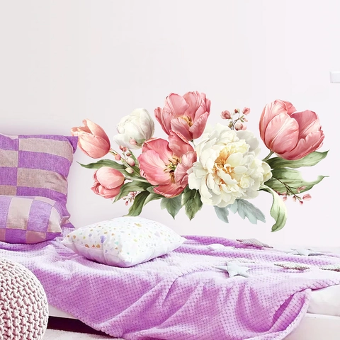 Aquarell Pfingstrose Tulpe Blumen Wandaufkleber PVC Wasserdicht Selbstklebend Dekorative Aufkleber Für Wohnzimmer Schlafzimmer