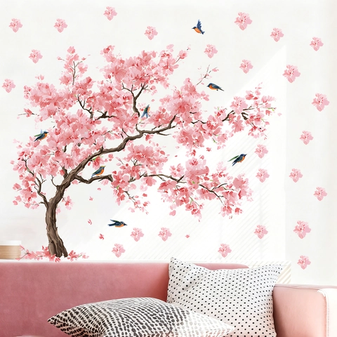Adesivi Murali Albero di Ciliegio Rosa Con Uccelli Farfalle PVC Autoadesivo Rimovibile Murale Per Soggiorno Camera da Letto Decor