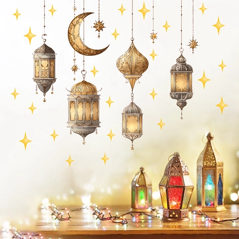 Pegatina de Pared de PVC Dorado Metálico Ramadan Eid Mubarak Linterna Islámica Luna Estrella Calcomanías para Decoración de Sala