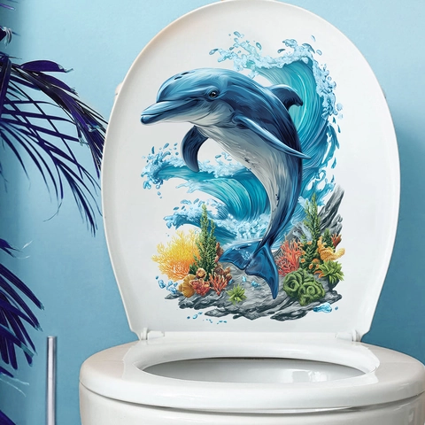 Oceaan Dolfijn Koraalrif Toiletdeksel Sticker Waterdicht PVC Verwijderbare Badkamer Decoratie Zeeleven Huis Kunst Decor
