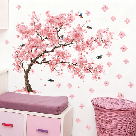 Adesivi Murali Albero di Ciliegio Rosa Con Uccelli Farfalle PVC Autoadesivo Rimovibile Murale Per Soggiorno Camera da Letto Decor