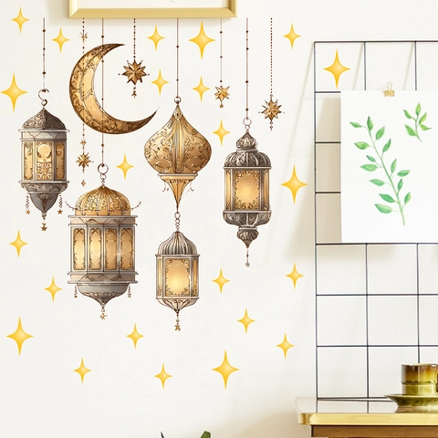 Pegatina de Pared de PVC Dorado Metálico Ramadan Eid Mubarak Linterna Islámica Luna Estrella Calcomanías para Decoración de Sala