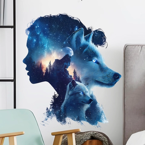 Fantasiewald Wolf Silhouette Wandtattoo PVC Selbstklebend Doppelbelichtung Sternenhimmel Home Dekor Aufkleber Für Wohnzimmer Schlafzimmer