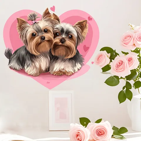 Pegatina de Pared Yorkshire Terrier Corazón Amor Rosa Cachorro Dibujos Animados Autoadhesiva PVC Calcomanía Para Dormitorio Sala Decoración