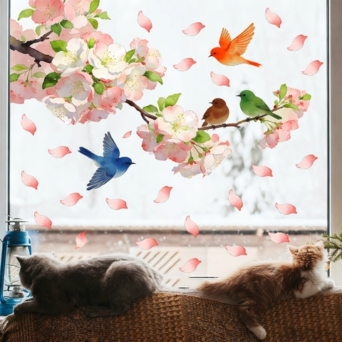 Kersenbloesem En Vogels Statische Venstersticker PVC Bloemen Tak Sticker Verwijderbare Glassticker Voor Woonkamer Huis Decoratie