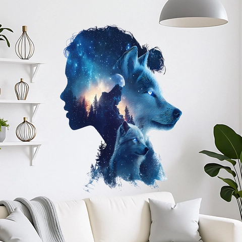 Fantasiewald Wolf Silhouette Wandtattoo PVC Selbstklebend Doppelbelichtung Sternenhimmel Home Dekor Aufkleber Für Wohnzimmer Schlafzimmer
