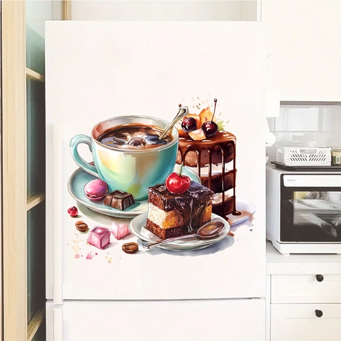 Abnehmbarer PVC Wandaufkleber Wasserdicht Aquarell Nachtisch Kuchen Kaffee Kühlschrank Aufkleber Für Küche Esszimmer Dekor