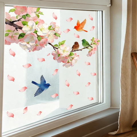 Kersenbloesem En Vogels Statische Venstersticker PVC Bloemen Tak Sticker Verwijderbare Glassticker Voor Woonkamer Huis Decoratie