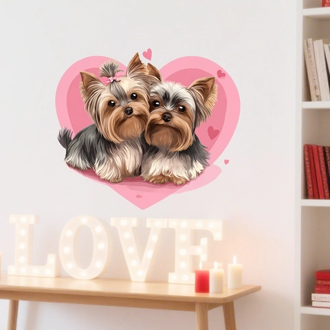 Pegatina de Pared Yorkshire Terrier Corazón Amor Rosa Cachorro Dibujos Animados Autoadhesiva PVC Calcomanía Para Dormitorio Sala Decoración