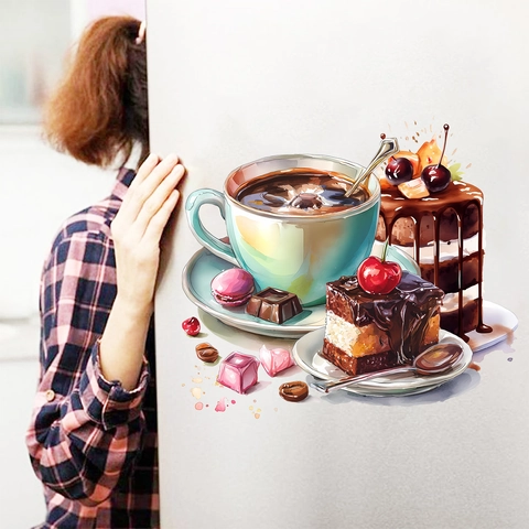 Abnehmbarer PVC Wandaufkleber Wasserdicht Aquarell Nachtisch Kuchen Kaffee Kühlschrank Aufkleber Für Küche Esszimmer Dekor