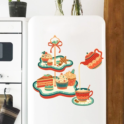 Afternoon Tea Dessert PVC Fridge Sticker Retro Illustration Self Adhesive Waterproof Decorative Wall Decal For Kitchen