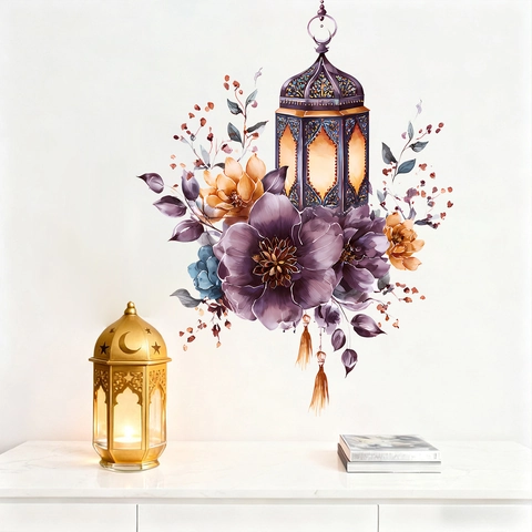 Ramadan Eid Mubarak Wall Sticker Dreamy Flower Lantern Self Adhesive PVC Decal For Living Room Home Entrance Decoration