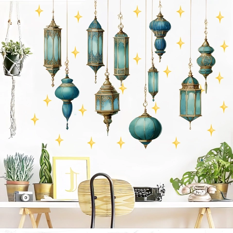 Middle Eastern Style Blue Lanterns Stars Wall Stickers Ramadan Eid PVC Self-adhesive Home Decals For Bedroom Living Room