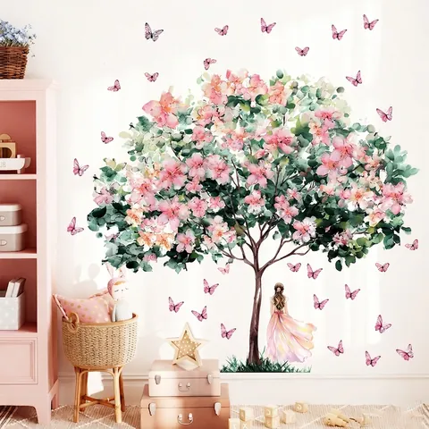 Romantisches Aquarell Rosa Blumenbaum Schmetterling Mädchen Wandtattoo PVC Selbstklebend Wandbild Für Wohnzimmer Schlafzimmer Kinderzimmer