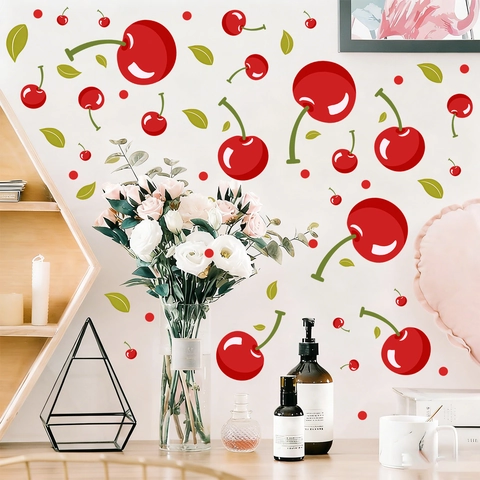Adesivi Murali con Ciliegie Cartone Animato Decalcomanie da Parete in PVC Autoadesive Rimovibili per Camera da Letto Cucina Casa