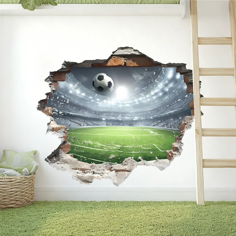 Creative 3D Broken Wall Soccer Stadium Wall Sticker PVC Removable Sport Theme Mural For Boys Bedroom Kids Room Decor