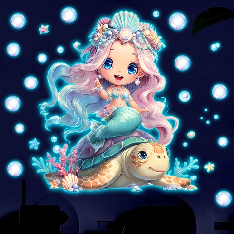 Adesivo da Parete Luminoso Sirena su Tartaruga in PVC Tema Oceano Cartone Animato per Camera dei Bambini