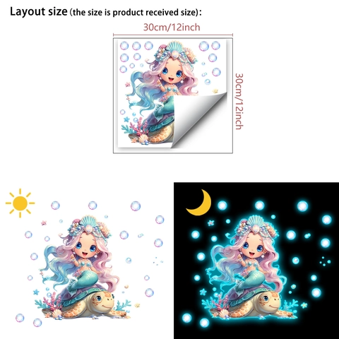 Adesivo da Parete Luminoso Sirena su Tartaruga in PVC Tema Oceano Cartone Animato per Camera dei Bambini
