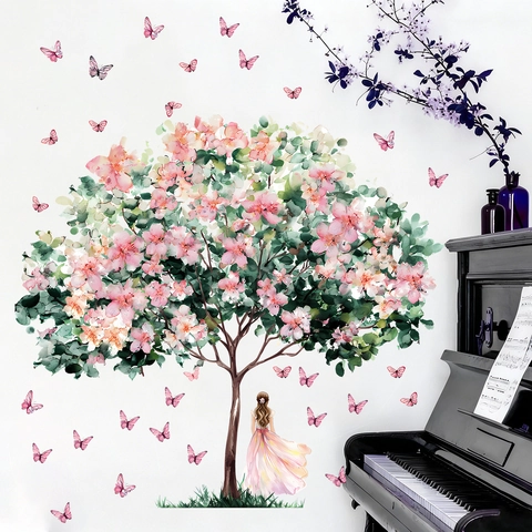 Romantisches Aquarell Rosa Blumenbaum Schmetterling Mädchen Wandtattoo PVC Selbstklebend Wandbild Für Wohnzimmer Schlafzimmer Kinderzimmer
